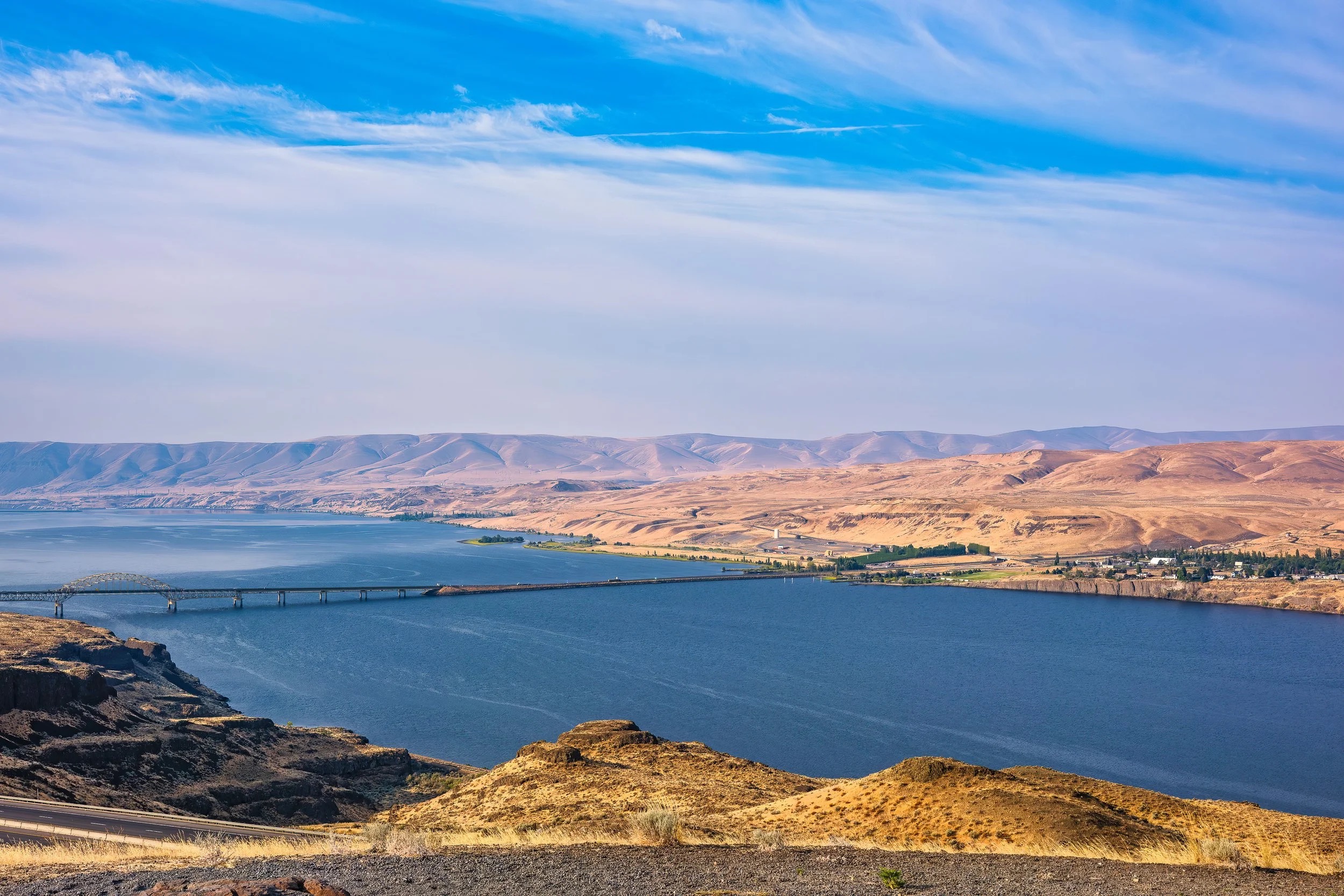 Columbia River bridge in summer haze