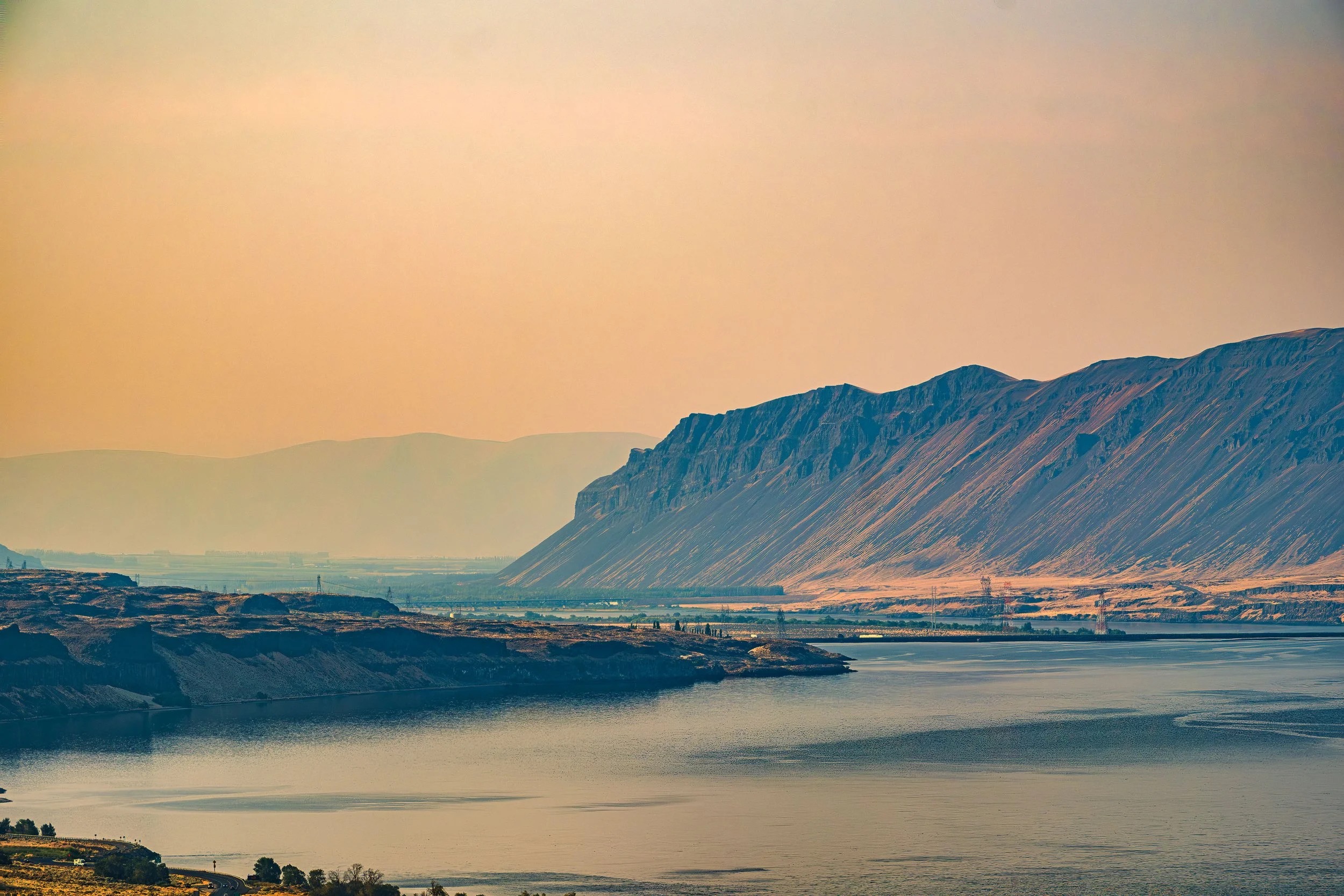 Columbia River at dusk, wildfire haze